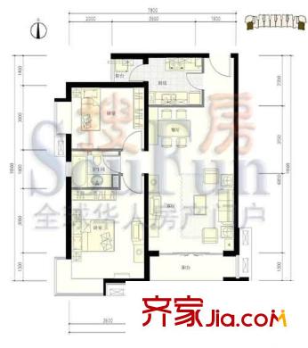 鸿业兴园户型图10号楼B3户型 2室2厅1卫1厨