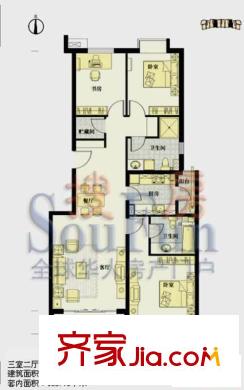 鸿业兴园户型图9号楼a2'户型 3室2厅2卫1厨