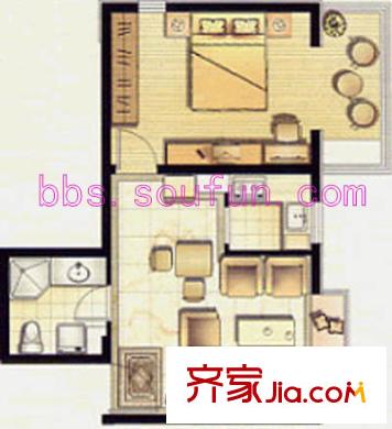筑梦缘户型图D1反户型 1室1厅1卫1厨