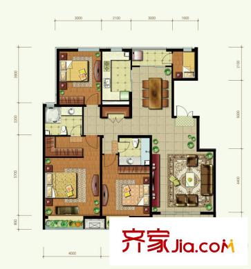 世华水岸户型图F2楼B2户型 3室2厅2卫1厨