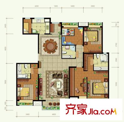 世华水岸户型图F4楼c1-1户型 4室2厅3卫1厨