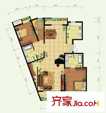 世华水岸户型图F1楼a3户型 2室2厅2卫1厨