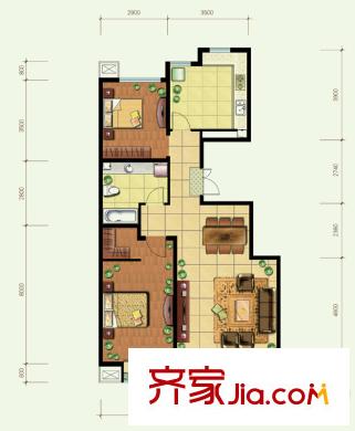 世华水岸户型图F1楼a1户型 2室2厅1卫1厨