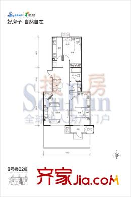 远洋自然户型图8号楼B2反a户型 2室2厅1卫1厨