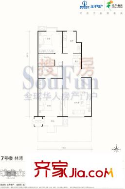 远洋自然户型图7号楼B2户型 2室2厅2卫1厨
