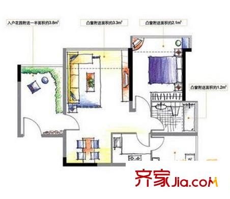 滨河花园户型图户型图 1室2厅1卫1厨