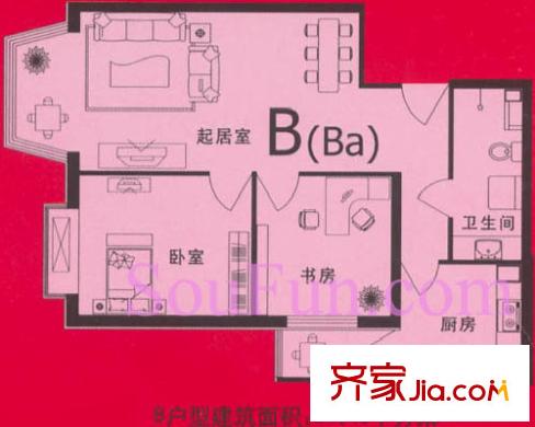 通典铭居户型图B户型 2室2厅1卫1厨