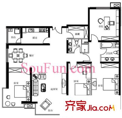 城市绿洲家园户型图D10户型 3室2厅2卫1厨