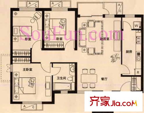知本时代户型图户型图 3室2厅2卫1厨