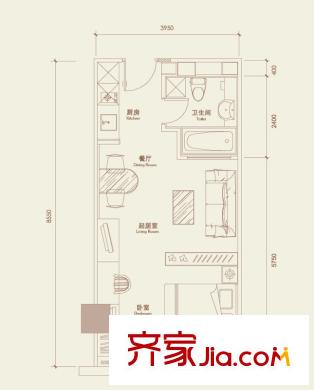 地杰长安驿A栋A户型 1室1厅1卫1厨