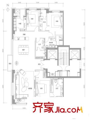 万柳书院一期标准层B户型 3室2厅3卫1厨