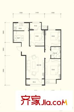 北京怡园2期1号楼104平户型图 3室2厅1卫1厨