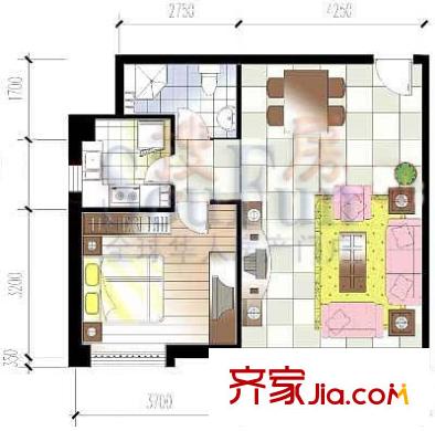 苏荷时代户型图17#a户型 1室2厅1卫1厨