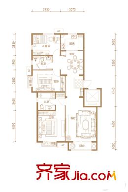 天恒金融街公园懿府B户型 3室2厅2卫1厨