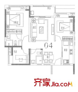 万科柏悦湾户型图3房2厅户型图 3室2厅1卫1厨