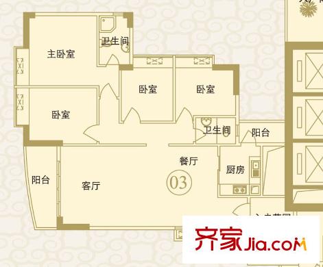 瑞安花园户型图2―29层03单元户型图 4室2厅2卫1厨
