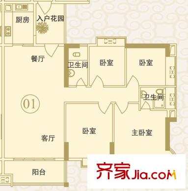 瑞安花园户型图2―29层01单元户型图 4室2厅2卫1厨