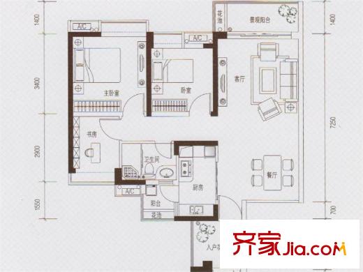 路劲隽泷湾11、13、15栋02户型 3室2厅1卫
