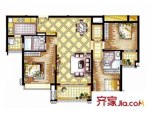 保利公园九里E6区5、6#02户型 3室2厅2卫1厨