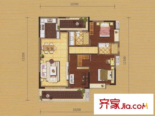 龙津世家A01户型 3室2厅2卫1厨