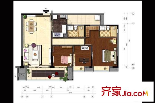龙津世家B栋-01户型图 3室2厅2卫1厨