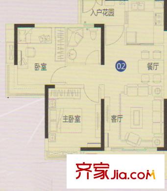 中国铁建荔湾国际城7栋2单元02户型 2室2厅1卫1厨