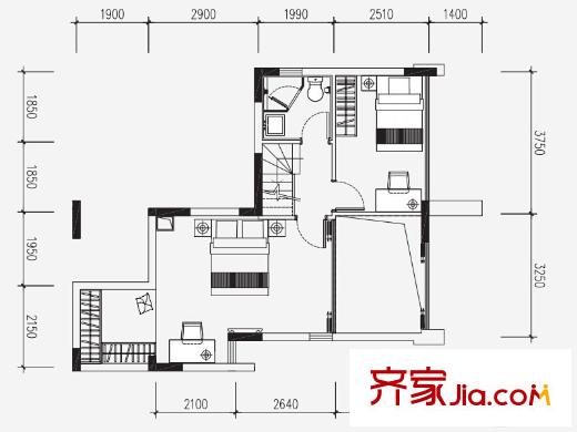 邦华・星际广场二期02户型二层平面图 3室2厅2卫