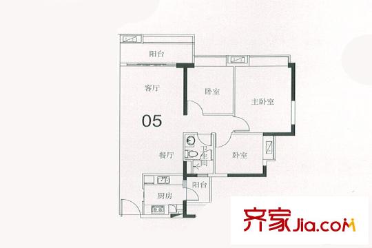 悦江上品苑A02栋05户型 3室2厅1卫1厨