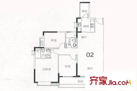 悦江上品苑A02栋02户型 3室2厅2卫1厨