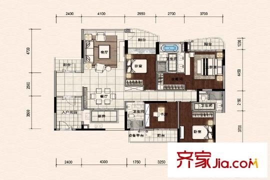 珠江鹅潭湾9栋01首层E2户型 4室2厅3卫1厨