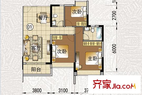 花语水岸5栋1-01户型 3室2厅2卫1厨