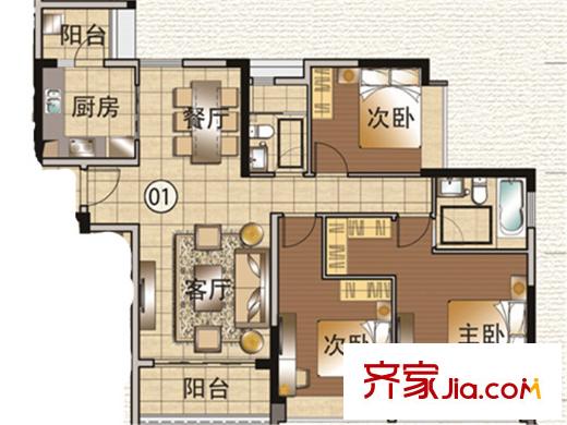 花语水岸8-1栋01户型 3室2厅2卫1厨