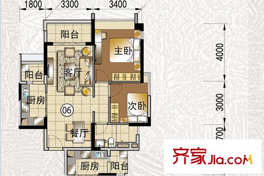 花语水岸5栋1-06户型 2室2厅2卫1厨