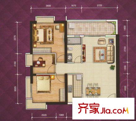 龙津华府F栋03户型 3室2厅1卫1厨