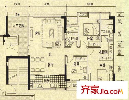 龙津华府C栋3-7层 03单位 3室2厅2卫1厨