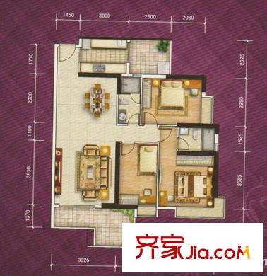 龙津华府F栋01户型 3室2厅2卫1厨