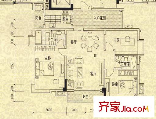 龙津华府C栋3-7层 01单位 3室2厅2卫1厨