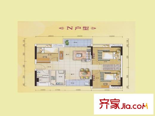 元邦明月水岸N户型 3室2厅1卫1厨