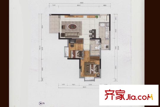 君荟名轩01户型 2室2厅1卫1厨