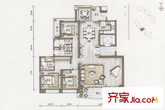中信西关海5栋02房户型图 3室3厅3卫1厨