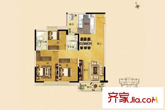 新世界・凯粤湾B8栋04户型 3室2厅2卫1厨
