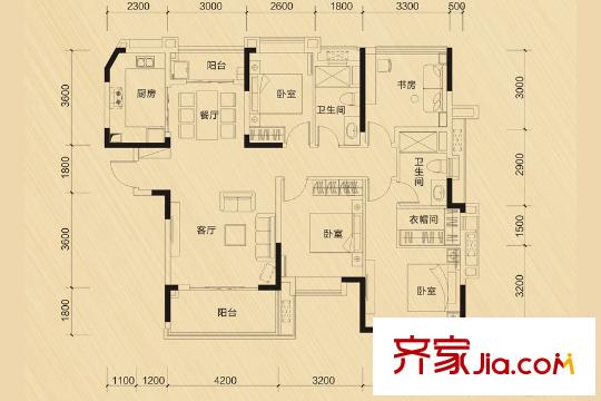 华发荔湾荟G户型 4室2厅2卫1厨
