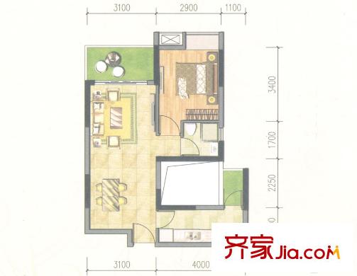 联诚・智博花园C户型59平方米 1室2厅1卫1厨