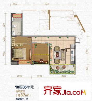 富丰新城10座05单位 约87平方米 2室2厅1卫1厨