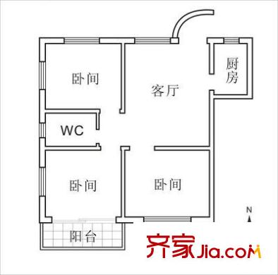 达道路大院户型图3室1厅户型图 3室1厅1卫1厨