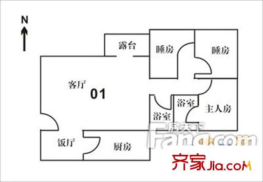 麓湖阁户型图3室2厅户型图 3室2厅1卫1厨