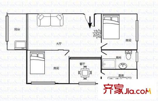 麓景路大院户型图2室2厅户型图 2室2厅1卫1厨