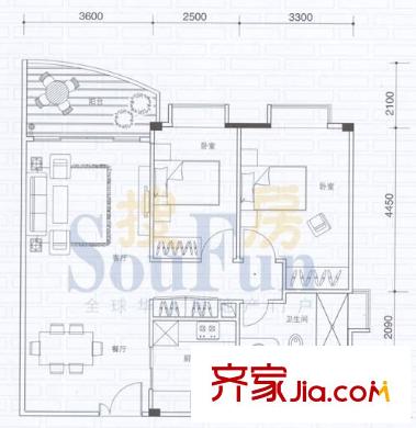 东山紫园户型图2室2厅户型图 2室2厅1卫1厨