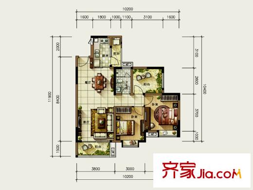 广州星河丹堤C16栋标准层C户型 3室2厅1卫1厨
