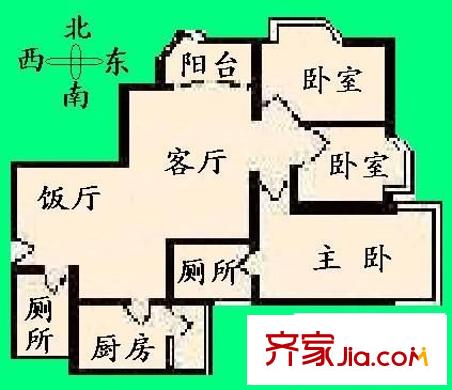 国龙大厦户型图3室2厅户型图 3室2厅2卫1厨